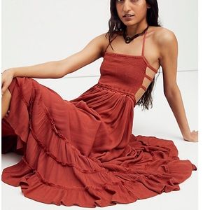FREE PEOPLE Extratropical Smocked Halter Cutouts Back Maxi Dress in BRICK PATH
